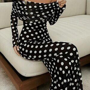 Long Sleeve Off-Shoulder Polka Dot Print Long Dress